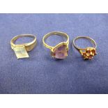 18K yellow gold ring set with an amethyst, stamped 18K, size S, 14K yellow gold ring set with a
