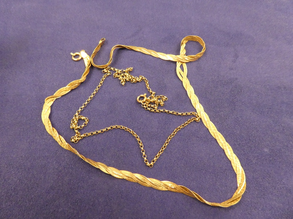 Two 9ct yellow gold neck chains, both stamped 375, 9.3g