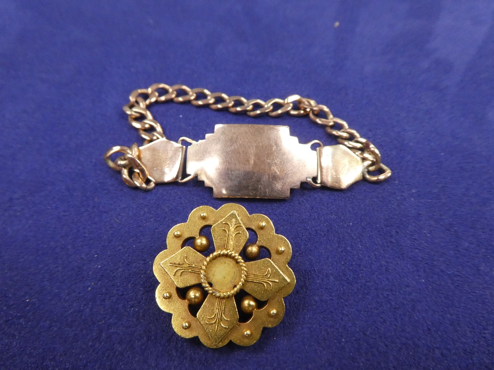 Victorian yellow coloured metal small circular style brooch A/F, unmarked together with a 9K rose