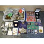 Box of various English & Foreign coins including commemorative cons, Isle of Man sets 1979,1980 etc.