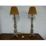 Pair of 18th Century carved wood candlesticks converted to electric with a poly chrome painted