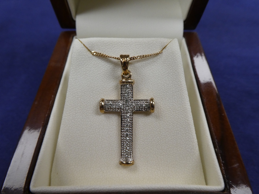 9ct yellow gold & diamond illusion set cross pendant & chain, stamped 375, total gross item weight - Image 2 of 3