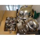 Quantity of silver plated items including meat covers, tea pots, candlicks, cutlery, etc