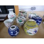 Assorted Chinese ginger jars, three teabowls and a vase.