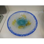 A Muller Fres coloured glass dish with blue rim, incised Muller Fres Luneville, 30cms