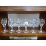 Set of 6 early 19th century wine glasses with faceted stems, etched bird, flowers & leaf decorated