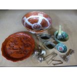 A Chinese red lacquers plate decorated figures on a boat and sundry items