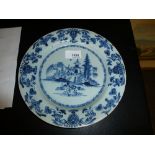 Antique Delft tin glazed pottery plate decorated in blue & white chinoiserie style, 22.5cm