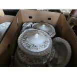 3 boxes of mixed china and sundry items including Johnson dinnerware, oriental teaset in case, stool