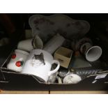 A shelf of mixed ceramics and glassware, Carltonware, etc