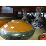 A piece of Brown and green studio pottery together with blue and white vases and a small box of