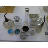 Collection of items including small white coloured metal cigarette box, cut glass scent bottles,