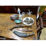 A mixed lot; to include a Kukri, a vaseline glass shade, two hollow glass figures and sundry