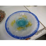 A Muller Fres coloured glass dish with blue rim, incised Muller Fres Luneville, 30cms