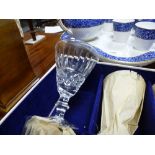 Royal Worcester blue and white teaset on lazy susan AF and waterford wine glasses