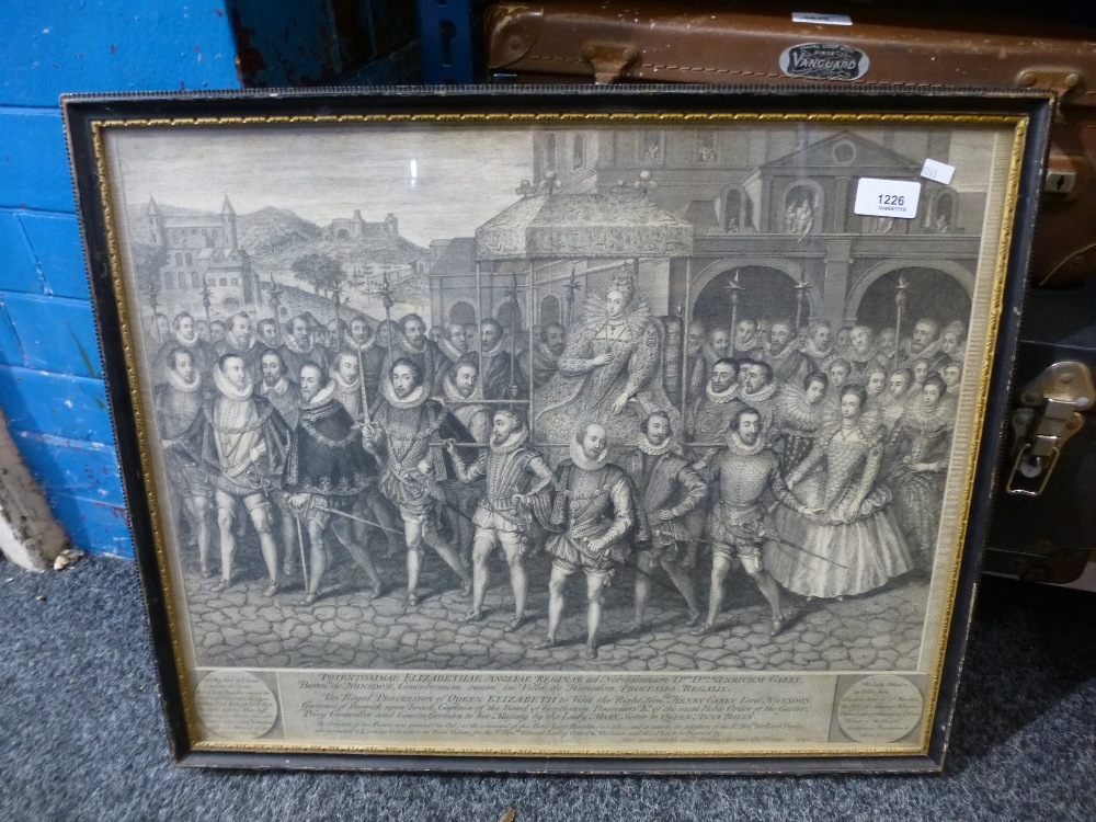 An antique oil of masted warships, unsigned, on 18th century engraving of the Royal Procession of