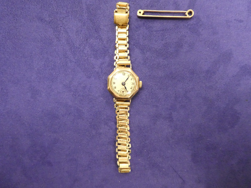 Lady's vintage wristwatch with 9ct gold octagonal case, engraved 'Frances 6th Aug 1944' on back,