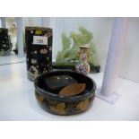 Miniature Cantonese vase, 11cm high, Victorian papier mache snuff box, carved green hardstone vases,