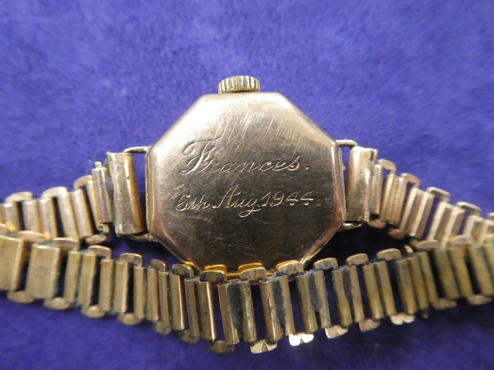 Lady's vintage wristwatch with 9ct gold octagonal case, engraved 'Frances 6th Aug 1944' on back, - Image 2 of 3