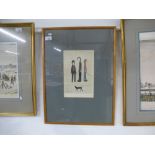 L.S Lowry a signed print of three figures and a cat. Signed with ball print 17.5x27.5cms