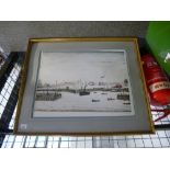 L.S. Lowry; a pencil signed print of dock scene, figures and boats, 57.5 x 44cms