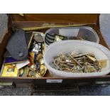 Small vintage case containing old coins, naval buttons, keys etc.