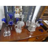 Three old decanters, a silver plated and hobnail cut oval biscuit barrel and sundry glassware