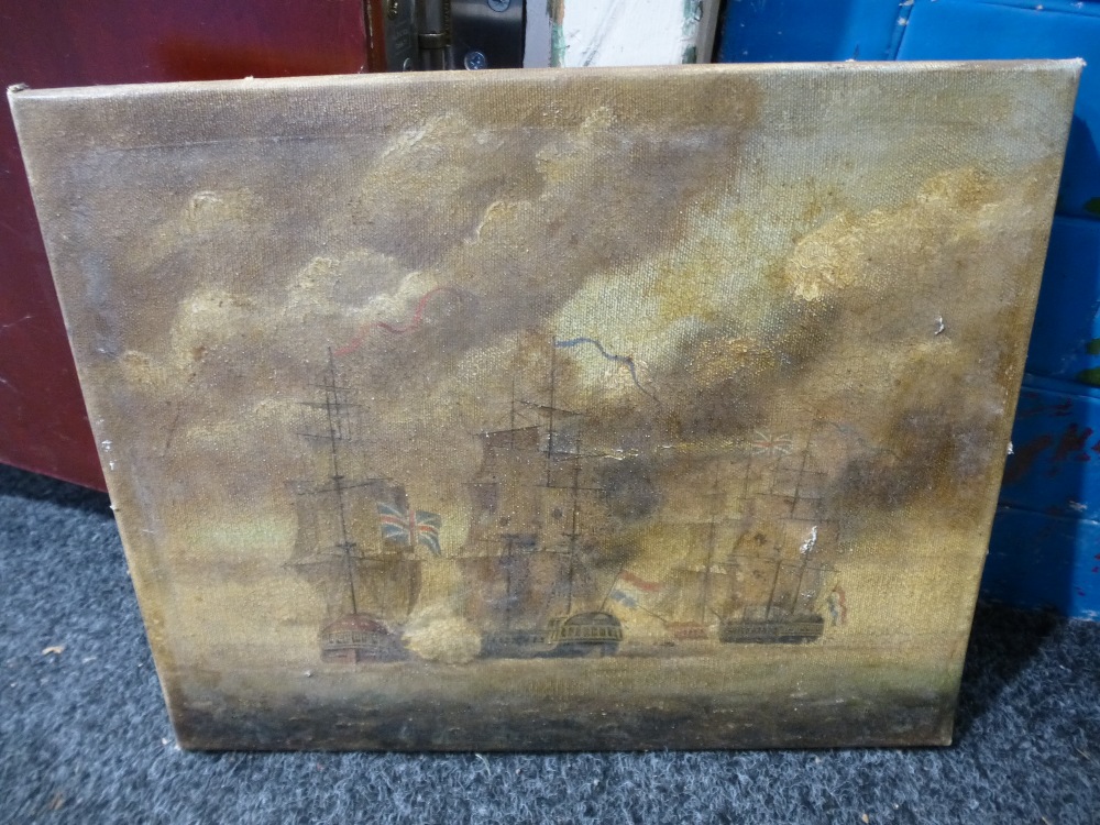 An antique oil of masted warships, unsigned, on 18th century engraving of the Royal Procession of - Image 2 of 3