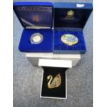 Swarovski Swan brooch, Halcyon Days enamel trinket box for year 2000 & Five pound silver proof
