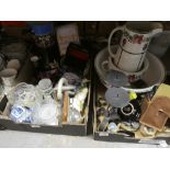 4 Boxes of mixed china and glassware incl; Johnsons Bros dinnerware, ewer and basin, candle