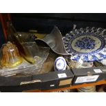 2 boxes of mixed china & glassware to include art glass centre piece Blue & White china tea ware Etc