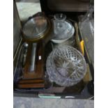 Box of mixed items including barometer, cut glass bowl, framed and glazed pictures.