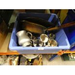 Box of mixed metalware, pewter tankards, plates, English Pewter plate by Peter Cooke