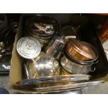 Box of mixed metalware including silver plated ware, copper pot etc.