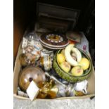 2 boxes of mixed items- framed prints, barometer, china fruits etc.