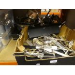 2 boxes of mixed metalware to include various pieces of cutlery, serving trays, teapots etc.