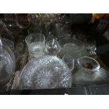 3 boxes glassware, decanters pierced ceramics & box as new oil lamp chimneys.