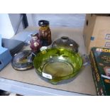 An Art Nouveau pewter fruit bowl with glass liner, three Doulton jugs and two other items