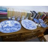 A quantity of 19th century blue and white plates, two old platters, Mason's jugs and sundry