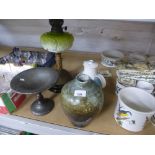 A Studio pottery vase, the base inscribed Martin, a Unity pewter tazza, a Victorian oil lamp and a