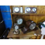 Two oak cased mantle clocks, anniversary example and 2 barometers