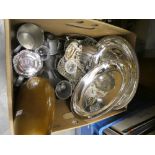 Box of mixed silver plated, items, plus a Soda syphon