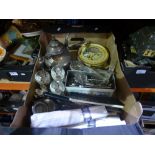 Box containing small amount of plated items, tin of old buttons, napkin rings, etc