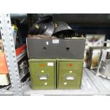 Vintage veteran series filing drawers and a box of collectibles to include Hampshire Fire Service