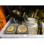 Box of sundry items including blue and white ceramics, Delph style framed tiles, old tins with