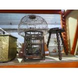 Reproduction ornamental bird cage of oriental construction with small 3 legged stool