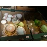 Two boxes of china and glassware including earthenware, Graftons, crystal jugs, green Pyrex bowls,