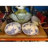 An old Ewer and basin, pair of blue and white lidded tureens, etc.