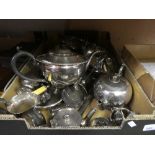 Box of silver plated items, to include teapot, salts, etc