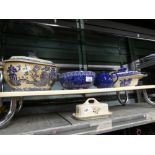 A shelley bowl with blue floral decoration, two blue and white lidded treen, saddler teapot, etc.